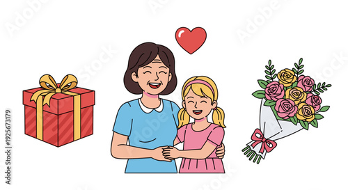 A heartwarming colored illustration depicts a smiling grandmother embracing her granddaughter, surrounded by a festive gift box, a loving heart, and a vibrant bouquet of flowers.