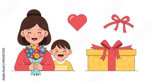 A joyful illustration featuring a smiling mother holding flowers and her equally happy son, accompanied by a large gift box, a red bow, and a bright red heart, celebrating family love.