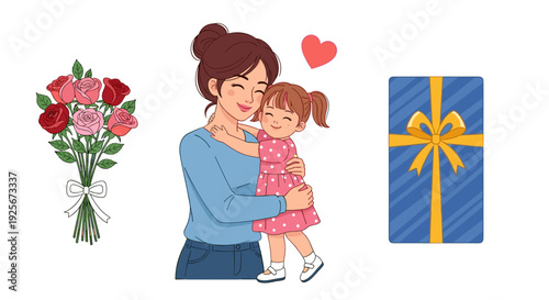 A joyful illustration portraying a happy mother embracing her daughter, accentuated by a beautiful bouquet of roses, a heartfelt red icon, and a striking blue gift box, signifying love.