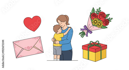 A comforting illustration of a mother hugging her son, surrounded by a thoughtful gift, a vibrant bouquet of flowers, a pink envelope, and a loving red heart.