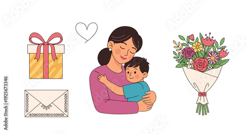 A heartwarming illustration of a mother lovingly embracing her child, surrounded by elements like a gift, an envelope, and a vibrant flower bouquet, expressing deep affection.
