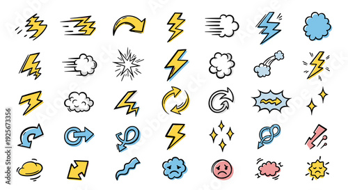 A set of colorful weather icons in a cartoon style, featuring various symbols for different meteorological conditions.