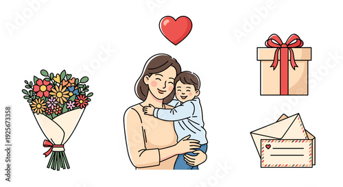 A loving mother tenderly embraces her son, surrounded by a vibrant flower bouquet, a red heart, a wrapped gift, and an open envelope.