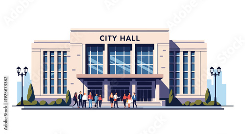 Modern vector illustration of city hall building with citizens entering for public services representing civic administration, governance, legal documentation and community support center
