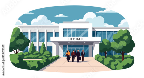 Modern vector illustration of city hall building with citizens entering for public services representing civic administration, governance, legal documentation and community support center