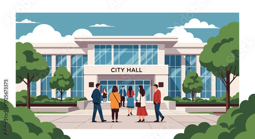 Modern vector illustration of city hall building with citizens entering for public services representing civic administration, governance, legal documentation and community support center
