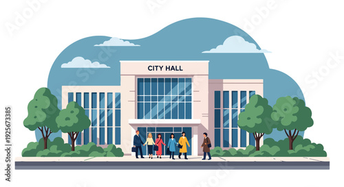 Modern vector illustration of city hall building with citizens entering for public services representing civic administration, governance, legal documentation and community support center