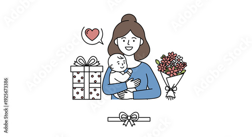 A happy mother lovingly cradles her baby in a line art illustration, surrounded by celebration symbols: a gift box, flowers, a heart, and a bow.