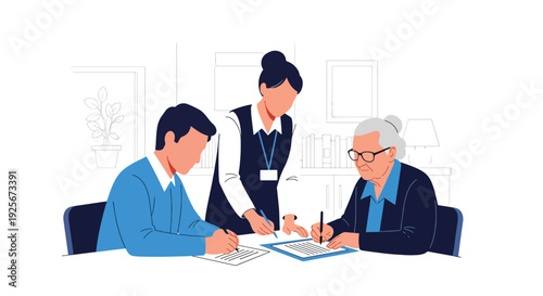 Modern vector illustration of public service staff helping elderly citizen complete official forms inside government office representing accessibility, inclusion and community support service