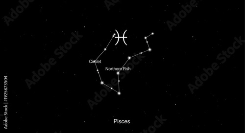 Pisces constellation and zodiac symbol in the night sky.