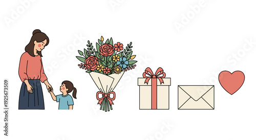 A mother and daughter gently interact, accompanied by a vibrant flower bouquet, a thoughtful gift box, an open envelope, and a red heart symbol.