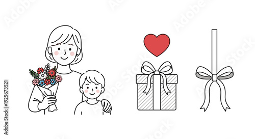 A heartwarming line art illustration of a mother and her son, accompanied by a lovely bouquet, a carefully wrapped gift, a classic red heart, and a decorative bow.