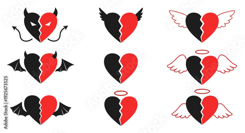 A set of broken heart icons with devil and angel wings, symbolizing love and temptation