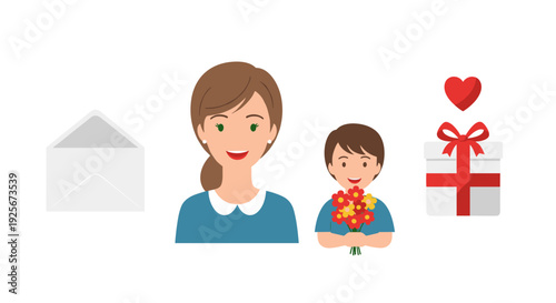 A delightful mother and child sharing a tender moment, with a beautiful bouquet, a thoughtfully wrapped gift, a red heart, and an elegant white envelope.