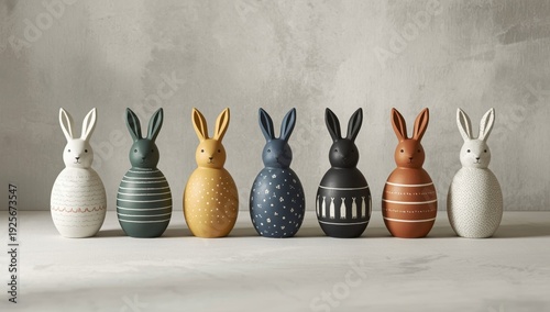 Seven colorful Easter bunnies in a row on a table decorative figurines