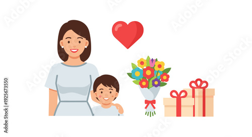 A cheerful mother and her son sharing a loving moment, surrounded by a floating red heart, a beautiful bouquet of flowers, and a stack of festive gifts.