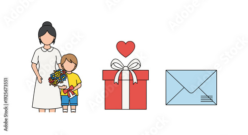 A loving mother and her child, alongside a vibrant red heart, a brightly wrapped gift box, and a pristine blue envelope, suggesting a special message.