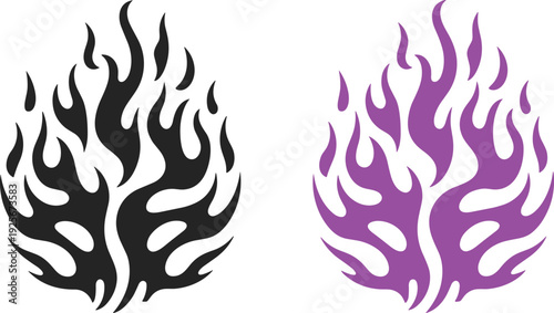 Abstract flame icons set black and purple fire shapes modern logo design element heat energy symbol vector illustration isolated