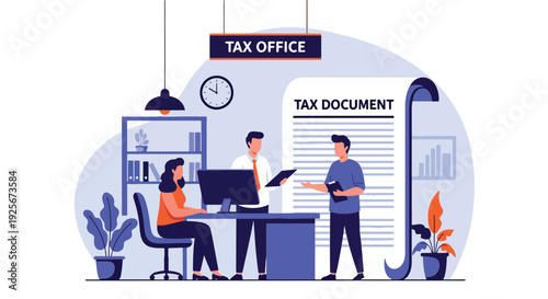 Modern vector illustration of tax office workers assisting citizens with tax reporting and payment representing financial administration, civic responsibility and government service