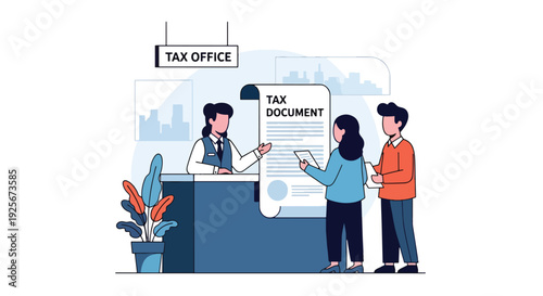 Modern vector illustration of tax office workers assisting citizens with tax reporting and payment representing financial administration, civic responsibility and government service