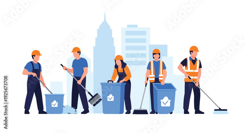 Modern vector illustration of municipal sanitation workers maintaining city cleanliness representing environmental care, public works and essential government service