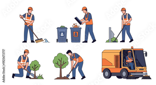 Modern vector illustration of municipal sanitation workers maintaining city cleanliness representing environmental care, public works and essential government service