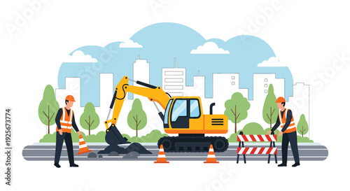 Modern vector illustration of public works department repairing road and infrastructure representing maintenance, development and essential government service