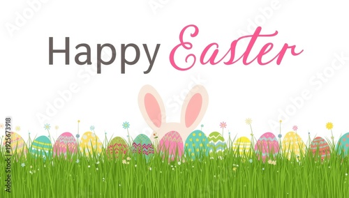 Easter bunny ears behind colorful eggs in grass flowers 1