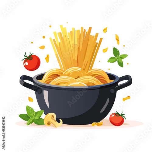 Delicious and appetizing cartoon illustration of pasta in a pot for culinary projects