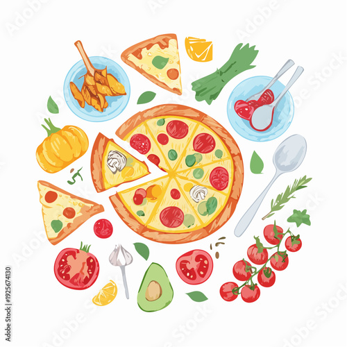 Delicious Italian cuisine with pizza and fresh ingredients in a delightful food illustration