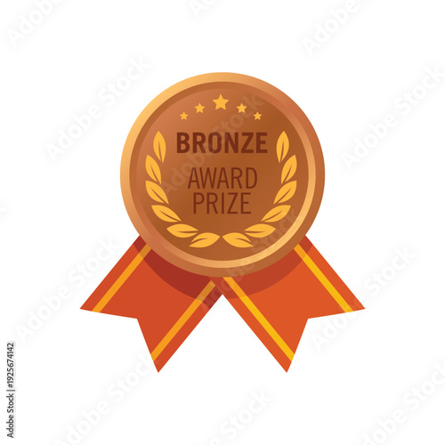 Bronze Medal Award with Red Neck Ribbon. Third Place Winner Bronze Medal with Laurel Wreath and Stars Vector Illustration