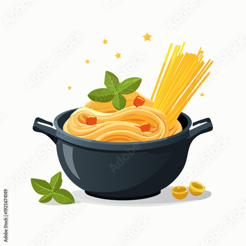 Delicious spaghetti illustration with basil and parmesan for culinary creations
