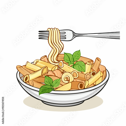Delicious pasta illustration with fork and basil for culinary design projects