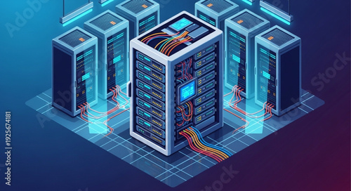 Modern computer server room with glowing blue lights.