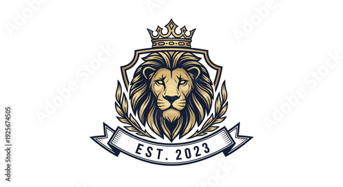 Luxury lion emblem with crown and shield EST 2023.