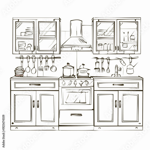 Detailed kitchen sketch showcasing cabinets, appliances, and cooking utensils in a realistic style