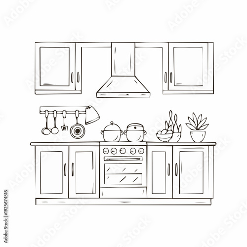 Detailed kitchen sketch showcasing cabinets, stove, and cooking utensils with a minimalist aesthetic