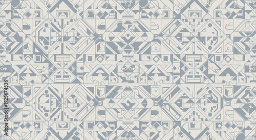 Geometric pattern with blue and white abstract shapes.