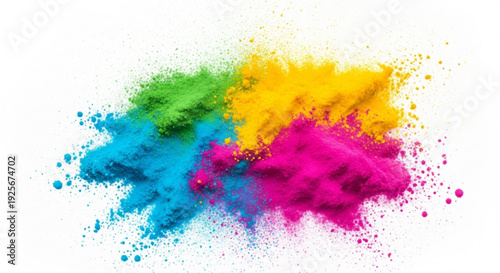 Vibrant colorful powder explosion on white background holi festival colors bright pink blue green yellow hues