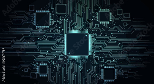 Futuristic microchip processor on a circuit board with neon blue glow.