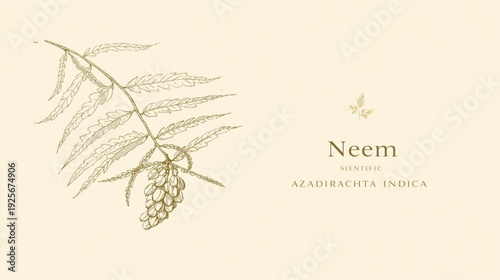 Vintage botanical illustration of a neem tree branch with leaves and seed pods