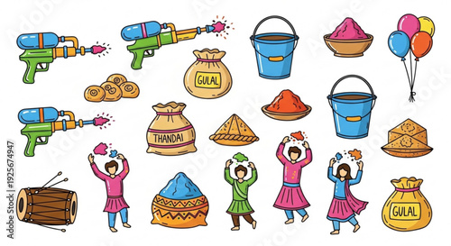 Colorful holi festival celebration elements with people water guns buckets and powdered colors