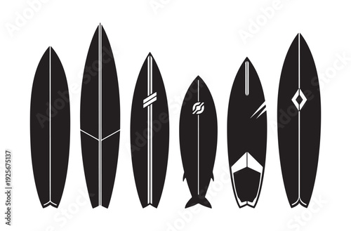 Collection of black silhouette surfboards various shapes and designs different styles of surf boards isolated on transparent background