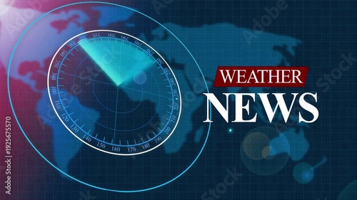 Tv-style weather news graphic with radar overlay and world map background animation