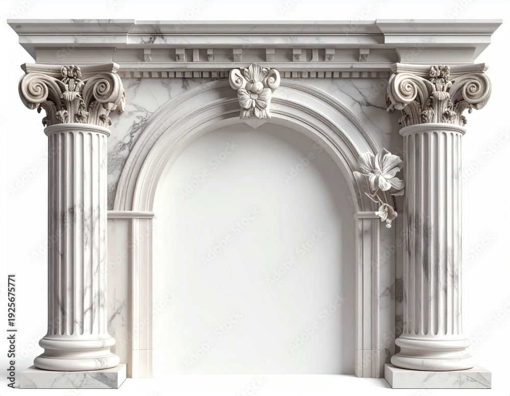 Obraz premium Ornate Marble Fireplace Mantle with Corinthian Columns on a White Background