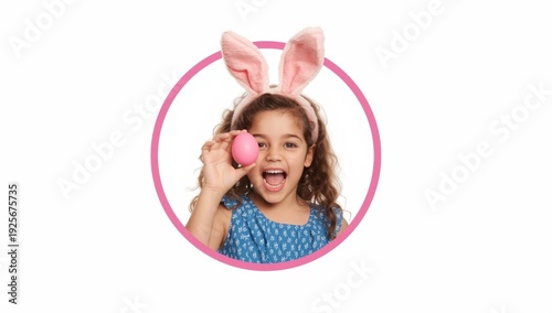 Little girl in bunny ears holding pink easter egg child