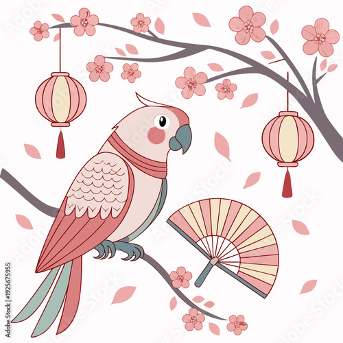 Bashful Parrot with with a scarf, set in a charming Cherry Blossom Festival theme – Sakura Breeze color vector art