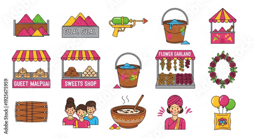 Vibrant indian festival icons including sweets shops water guns flowers and traditional treats on colorful background
