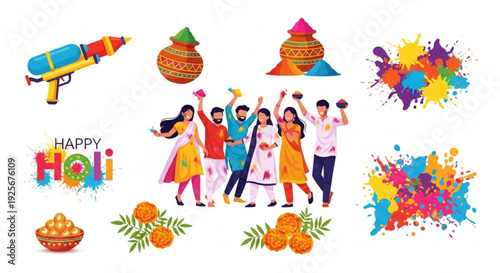 Vibrant holi celebration with friends throwing colored powders and water festive decorations and traditional sweets on white background
