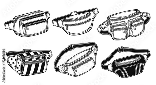 Collection of various fanny packs and waist bags in different styles.